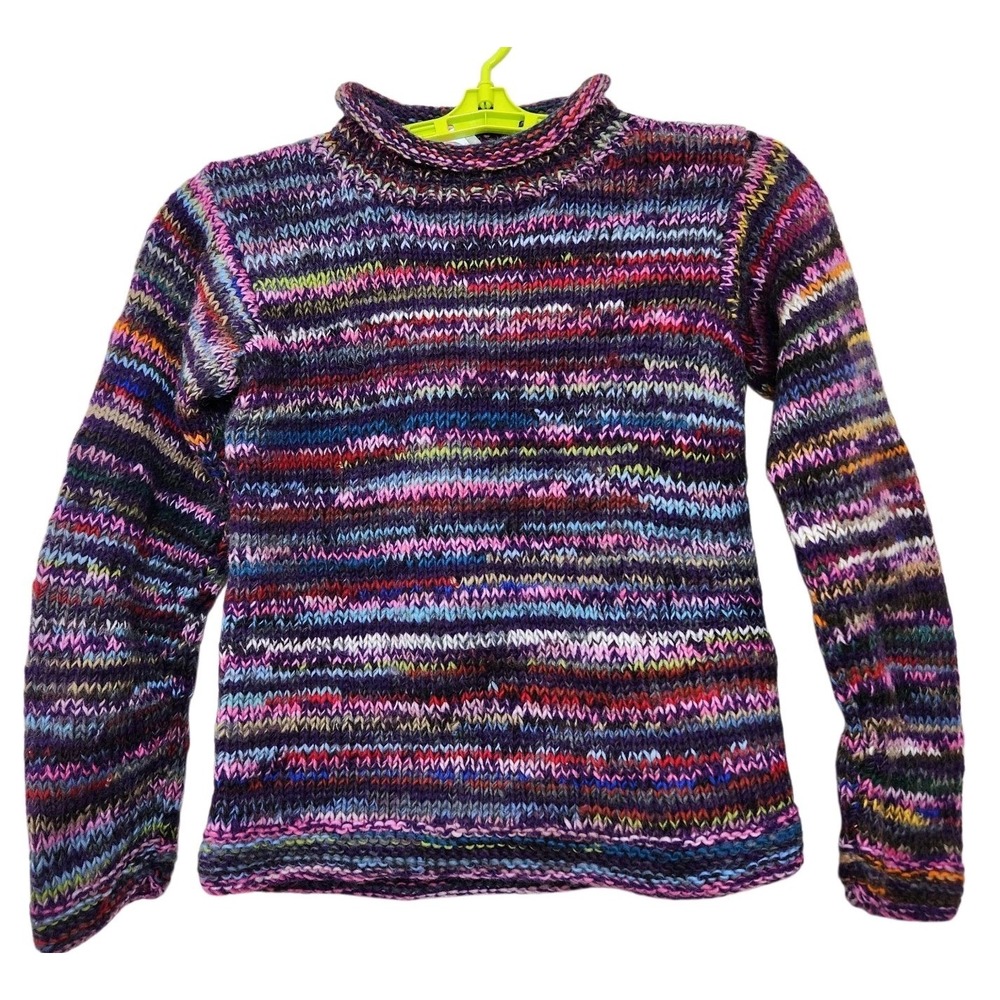 Loud Elephant Size Small Hand Knit Wool Jumper Rolled Collar Multicolor Sweater